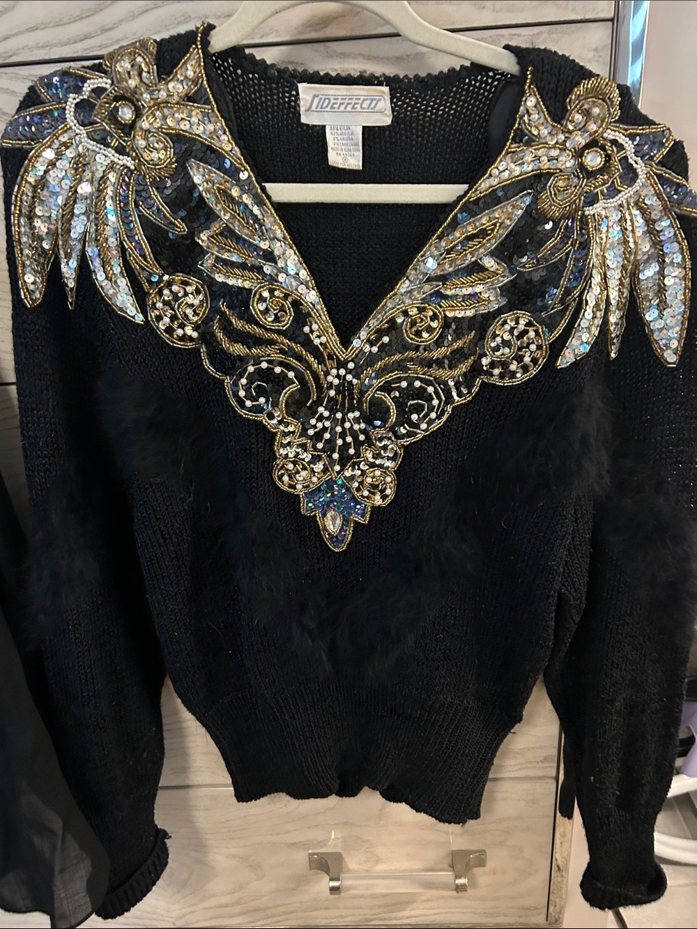 Joan Rivers-Inspired Black Sequin Embellished V-Neck Sweater